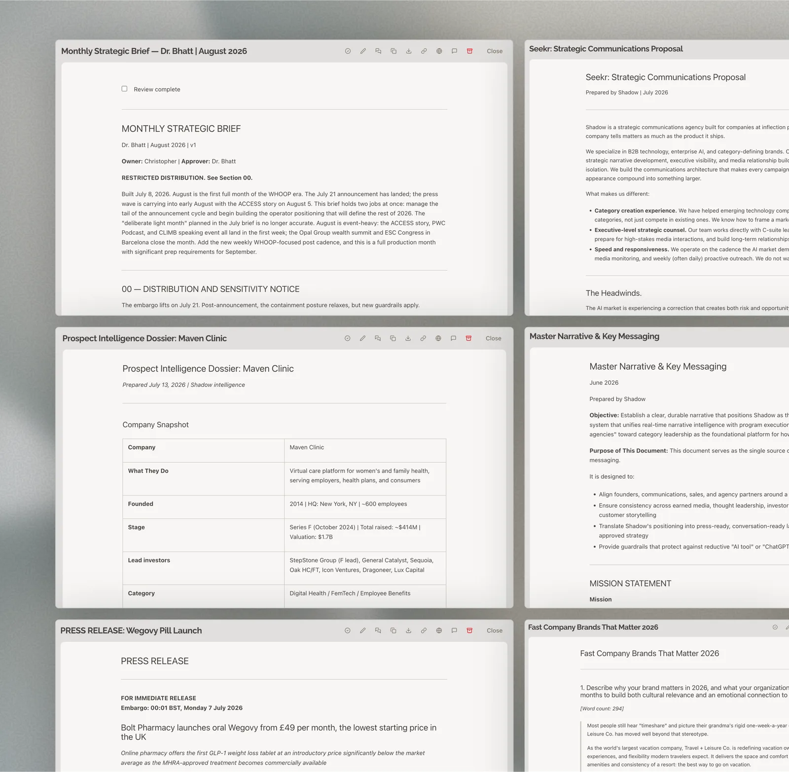 Documents drafted by Shadow — a monthly strategic brief, a prospect intelligence dossier, a press release, a communications proposal, and a master narrative — each open for review.